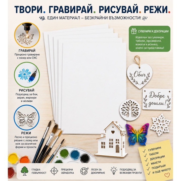 Комплект Бял MDF Favo, За моделиране, лазерно рязане, пирография, гравиране и др., формат А6, 2.8 мм., 5 броя