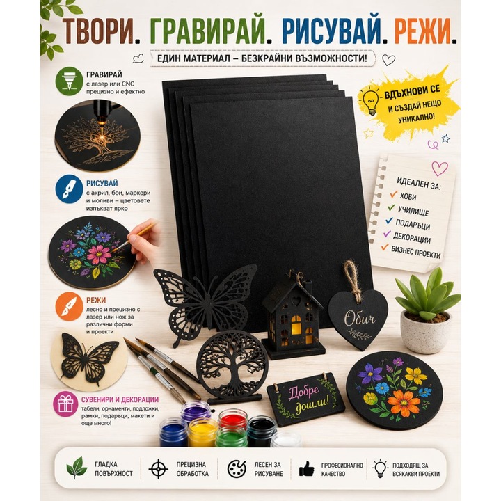 Комплект Черен MDF Favo, За моделиране, лазерно рязане, пирография, гравиране и др., 30x30 см, 2.8 мм., 5 броя