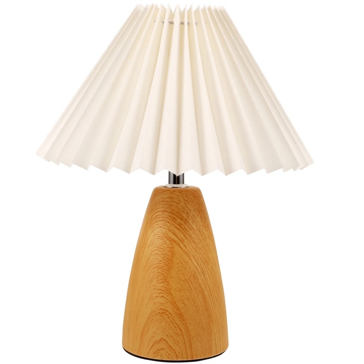 Lampa de noptiera ZYBLSSBB LSM2xh14287-BCS0171442, baza din lemn, abajur din material textil plisat, USB, lumina calda 3000K 3W, lemn/crem, 31 x 23 x 23 cm
