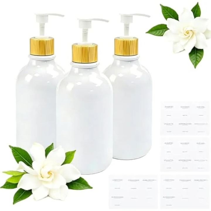 Set 3 dozatoare sapun 500ml, plastic PET, alb si lemn, pentru baie si dus