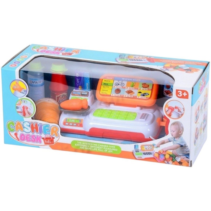Casa De Marcat pentru Copii Cu Accesorii Magazin, Jucarie Interactiva Cash Register Cu Scanner, Calculator Si Produse Alimentare, Set Supermarket Cu Sunete Si Butoane, Joc De Rol Vanzator Cumparator Copii 3+ Ani, Multicolor, Damur