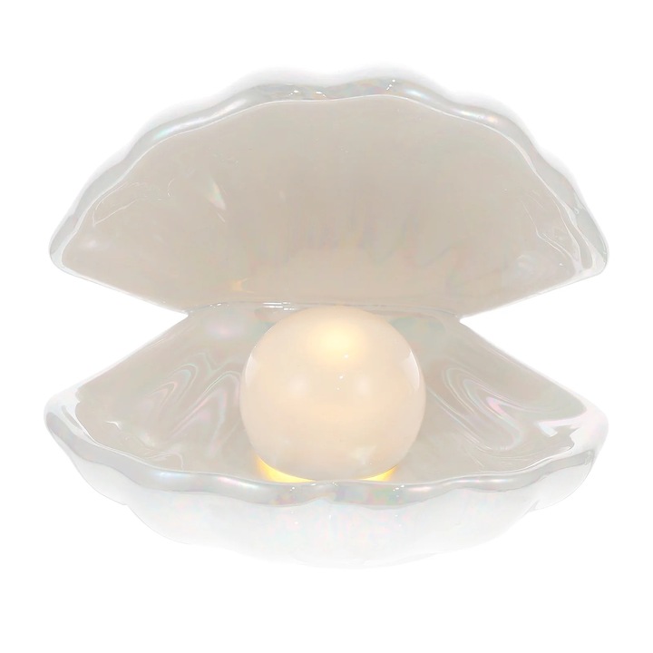 Lampa de veghe ZYBLSSBB LSM2xh6099-BCS0118492-1, ceramica in forma de scoica cu bec sferic tip perla, alb irizat, 16.5x15x14 cm
