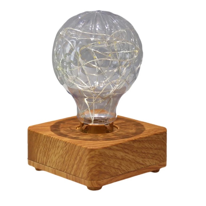 Veioza LED ZYBLSSBB LSM2xh14305-BCS0171688-1, baza din lemn cu glob din sticla si sarma LED decorativa, lumina calda, USB 5V, ciocolatiu, 14 x 9 x 9 cm