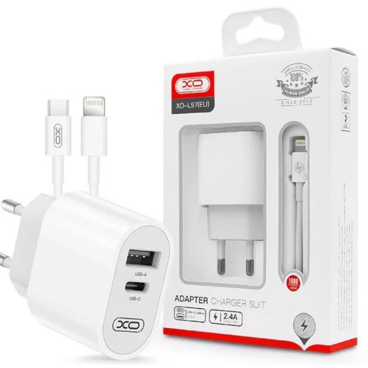 Töltő XO-L97 12W 2 bemenet USB-C/USB gyorstöltés 2.4A USB-C/L Digital One LSSS10450 – 4685388, 12W, USB-C, USB, 2.4A, Lightning