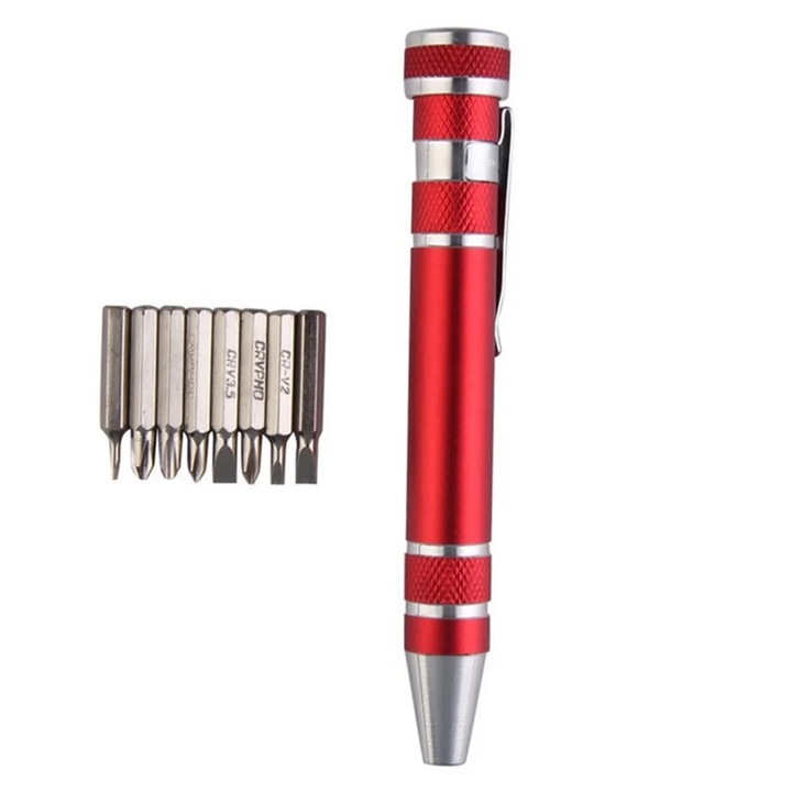 Set surubelnite portabile, 8 piese, aluminiu, rosu, 11x1.3x1cm