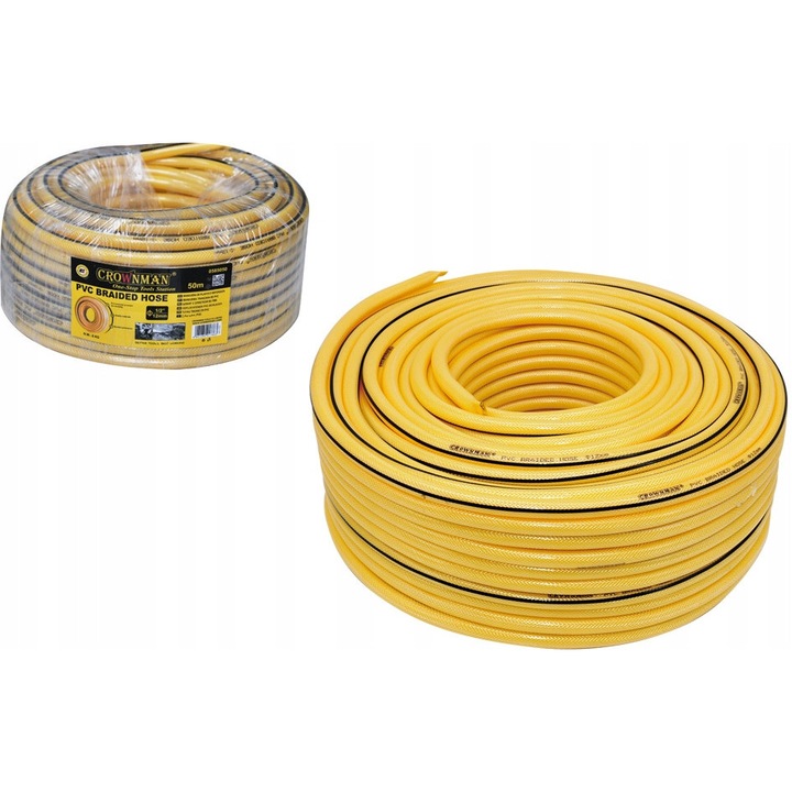 Crownman kerti tömlő 50m PVC 12x16mm sárga-fekete ellenálló rugalmas