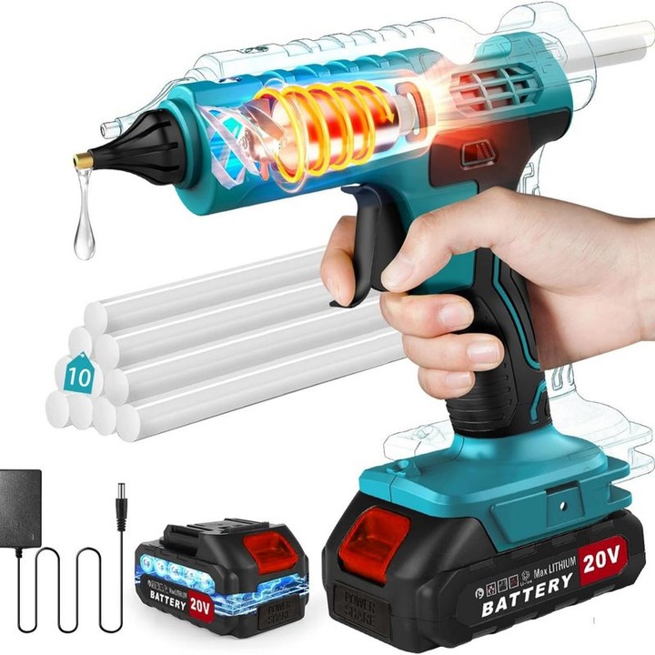 Vezeték nélküli forrasztópisztoly 100W, 2000mAh akkumulátor, töltő, 10 ragasztórúd, fehér