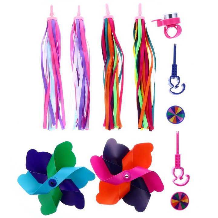 Set sonerie bicicleta copii, panglica si moara vant, multicolor, 20x15x4cm