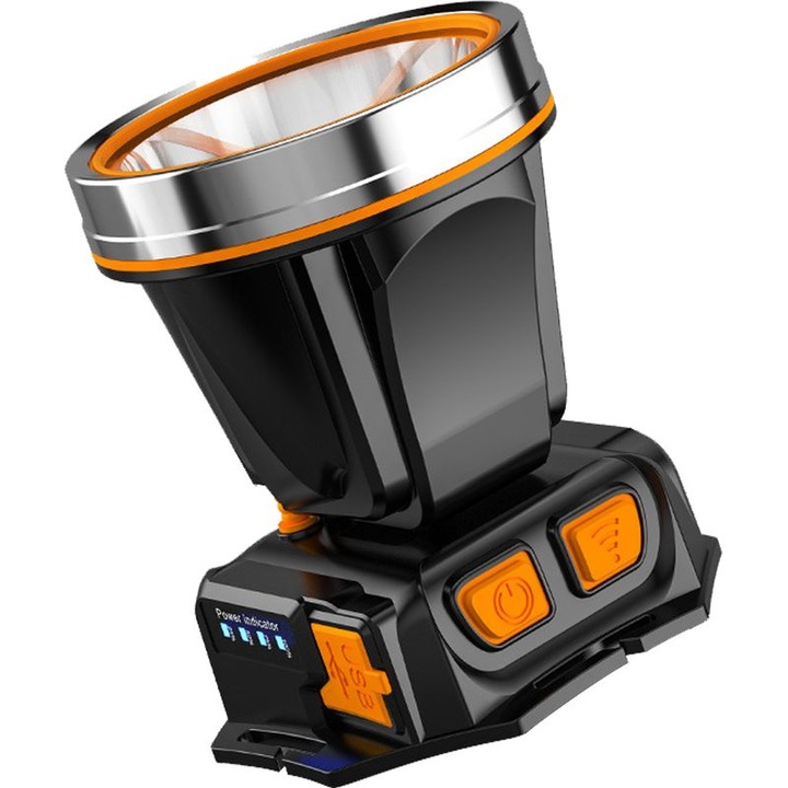 USB újratölthető fejlámpa, 8W/10W, 90°-ban állítható, fehér, 2000mAh x2