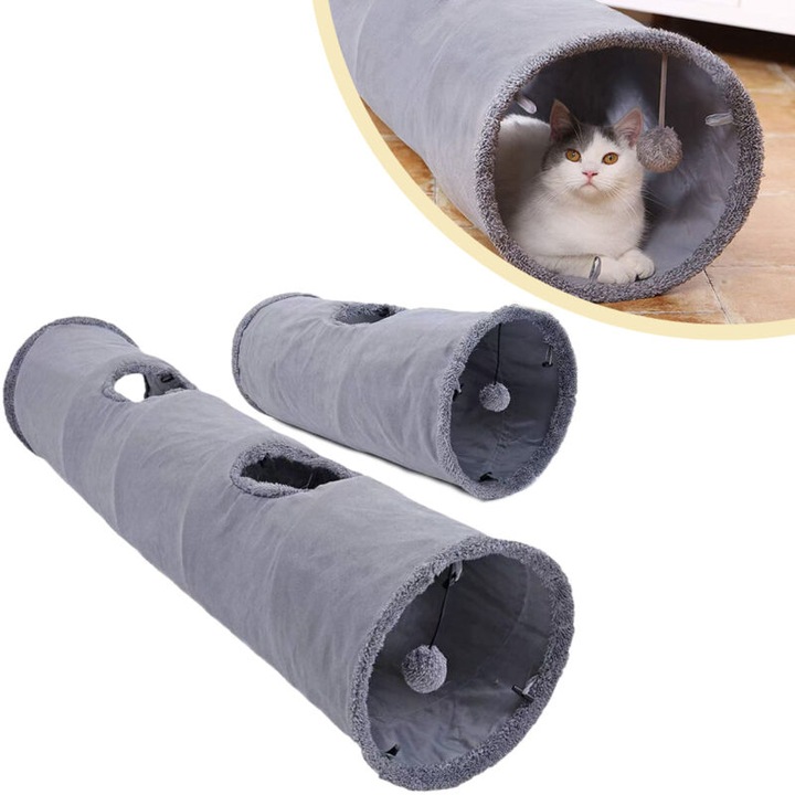 Tunel de joaca pentru pisici, 30x130cm si 30x67cm, pliabil, imitatie in, multicolor
