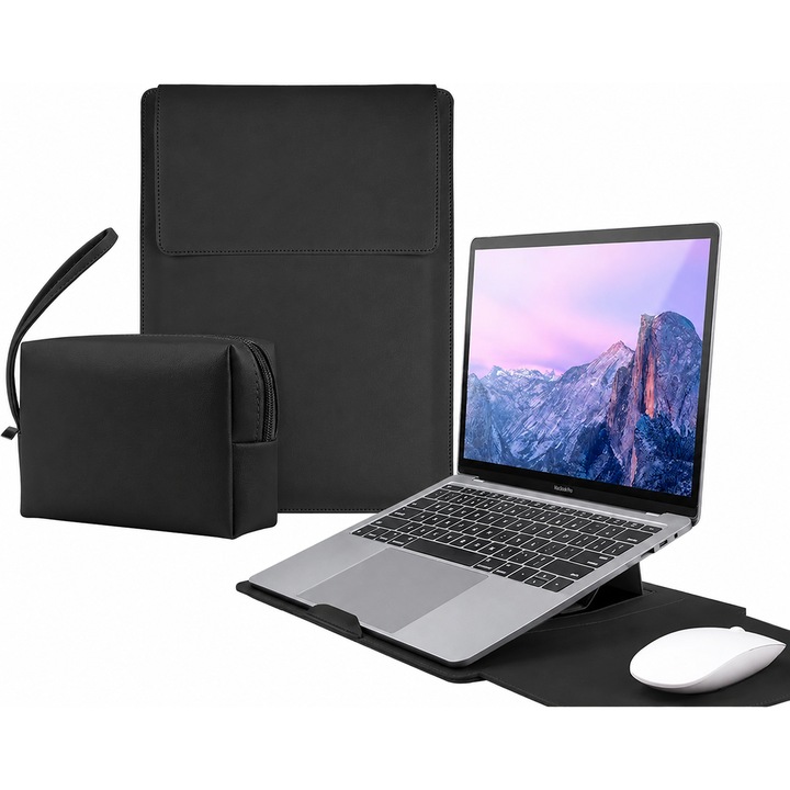 Husa pentru laptop, husa de protectie din piele PU cu husa pentru accesorii pentru laptopuri de 13, 3-14 inci ，Negru