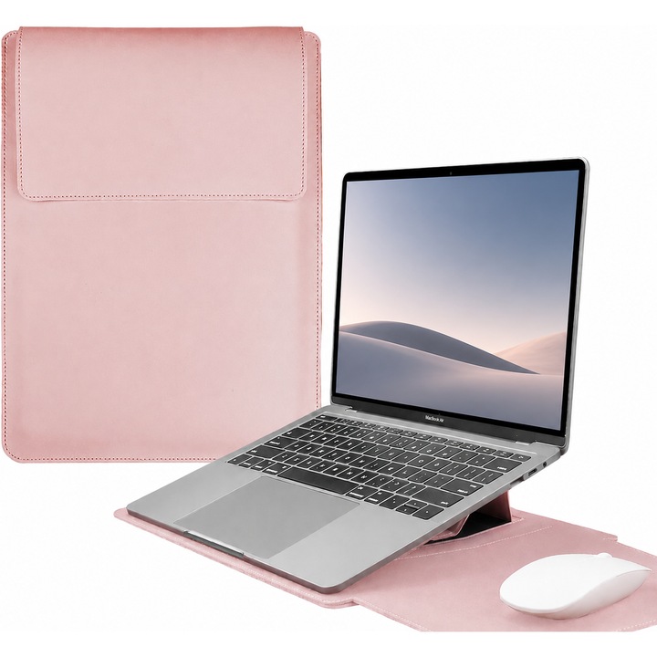 Husa pentru laptop de 13-14" cu suport, din piele PU Impermeabil si rezistent la zgarieturi, Velcro, Portabil, roz
