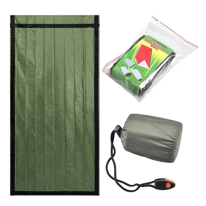 Sac de dormit de urgenta, verde, 200x90x1cm, izolatie termica, usor si compact