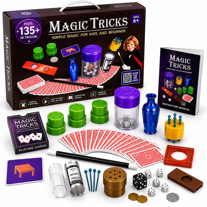 Set de Magie pentru Copii, Simply Joy, Magic Tricks, Peste 135 de Trucuri, Manual Ilustrat Inclus, Joc Educativ si Interactiv, Cadoul Ideal pentru Baieti si Fete, 6 ani +