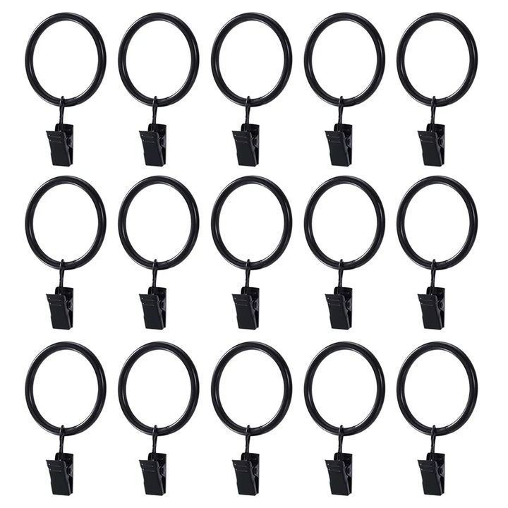 Set 40 inele cu clips pentru perdele, fier, negru, 4.3x3.5x0.2cm