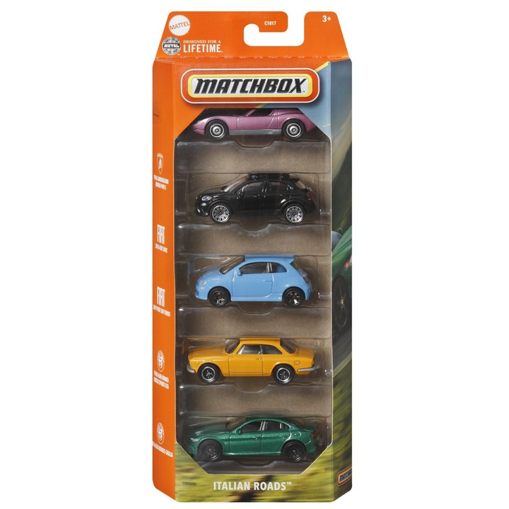 Set 5 mașini metalice Italian Roads, Mattel, scara 1:64, dimensiuni variate, multicolor