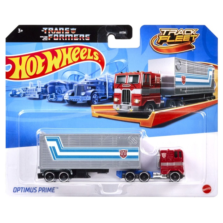 Camion Hot Wheels Track Fleet Optimus Prime, 1:64, cu remorcă, multicolor