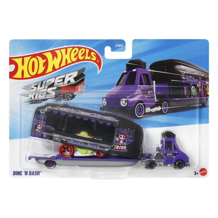 Set camion și mașină Hot Wheels Super Rigs Dine N Dash, multicolor, pentru joacă activă