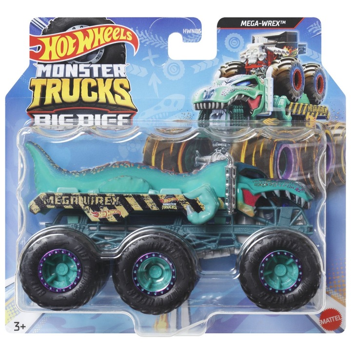 Masinuță metalică Hot Wheels Monster Truck Big Rigs Mega Wrex, turcoaz, 1x64, 6 roți