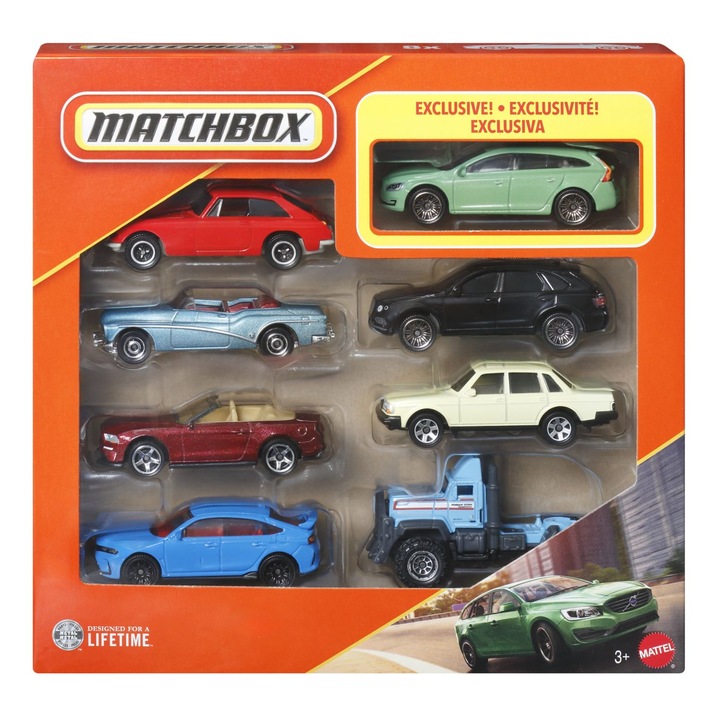 Set Matchbox 8 mașinuțe metalice, Mattel, inclusiv Volvo V60 2016, scara 1:64, multicolor