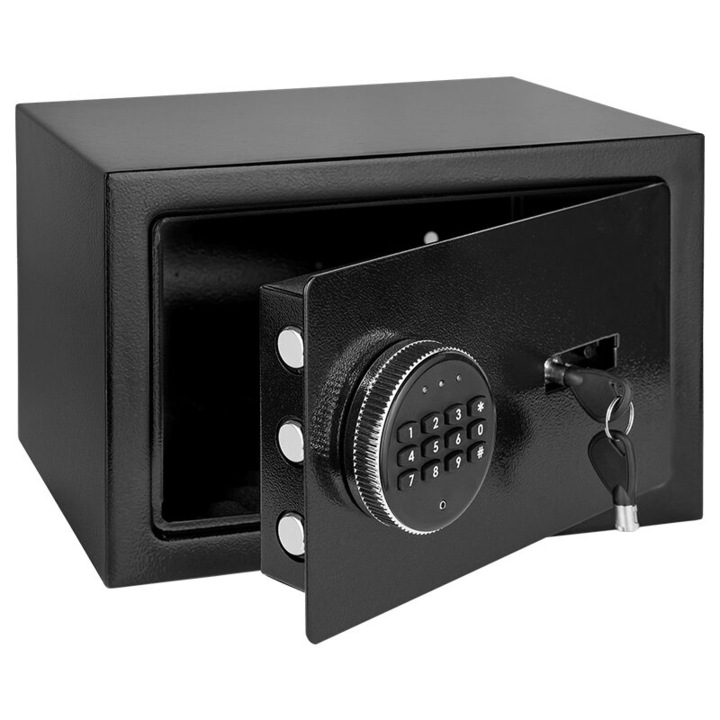 Elektronikus széf 2 db kulccsal és számzárral, 31 x 20 x 20 cm, Fekete, LED kijelzők