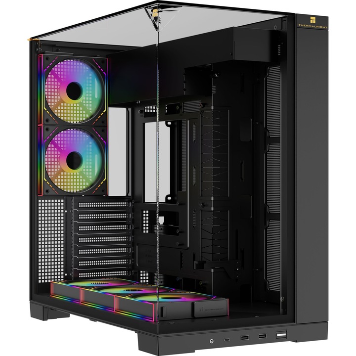 Carcasa Thermalright A70 FAN, ATX, ABS + SPCC + Edzett üveg, 270 fokos ultra-panorámás kilátás, 5 ventilátorral, Fekete