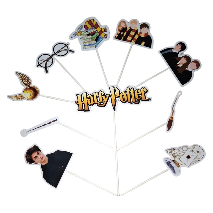 Decoratiune topper tort carton, tematica Harry Potter, aniversare - 10 piese