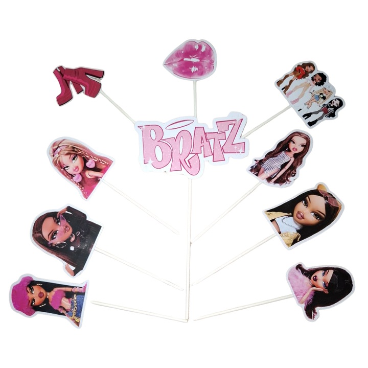 Decoratiune topper tort carton, tematica Bratz, aniversare - 10 piese