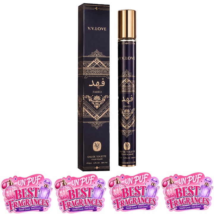Parfum unisex V.V. Love Faheo, apa de toaleta, 35 ml, aroma floral-orientala, cu piper roz, bergamota, trandafir, iasomie, oud, ambra si vanilie, include 4 stickere