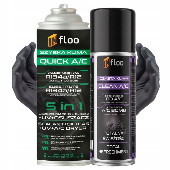 Set agent frigorific auto 5 in 1 si spray igienizare, Infloo, Szybka Klima R134a, inlocuitor gaz cu ulei, etansant, uscator si UV, 205g, spray Czysta Klima 200ml, pentru masini pana in 2016, elimina bacteriile si mirosurile, manusi