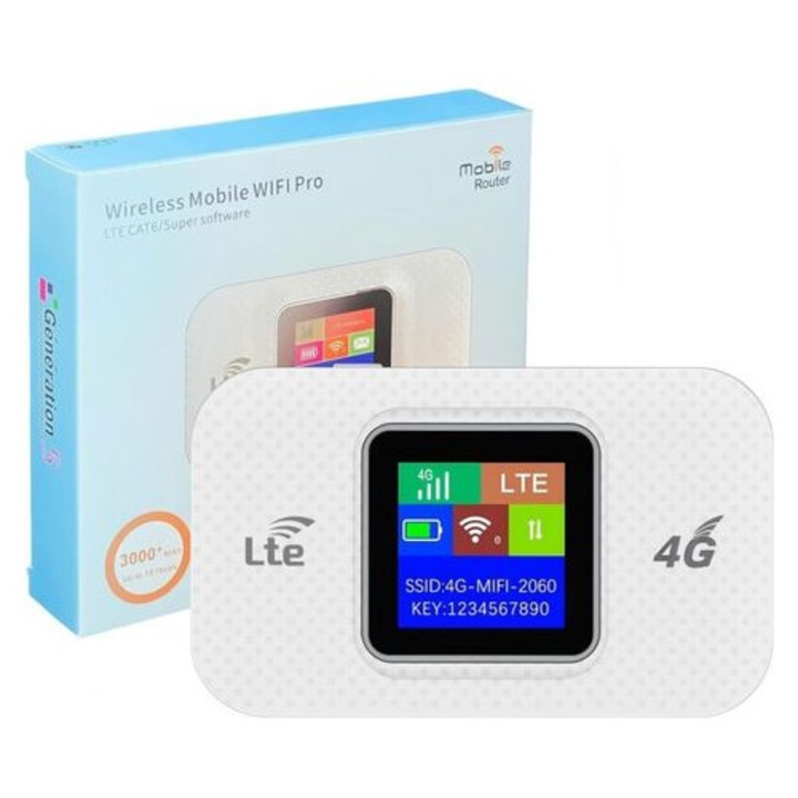 Hordozható 4G WiFi router, 14 óra üzemidő, fehér, kompakt