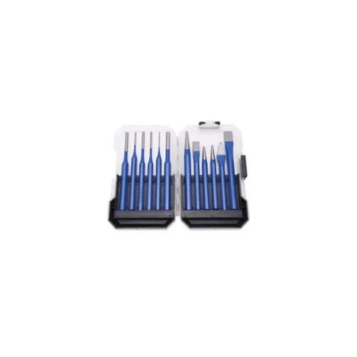 12 darabos véső és toll készlet, CRV-V acél, kék, 183x115mm, zárható műanyag doboz