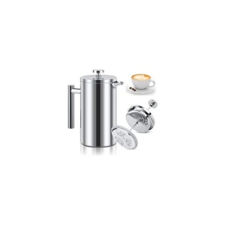 French press kávéfőző, 304-es rozsdamentes acél, dupla szigetelés, 1000ml, fekete