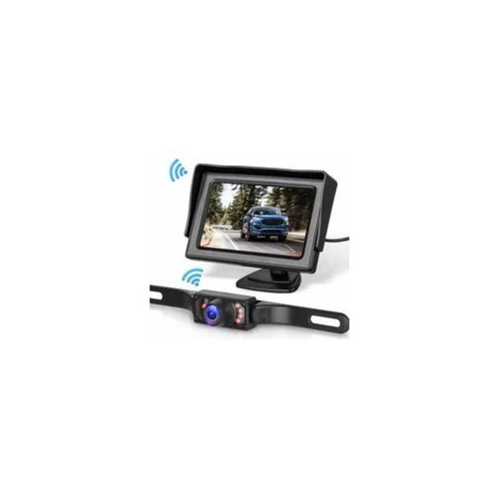 Vezeték nélküli tolatókamera, 170°-os látószög, IR éjjellátó, 4.3 hüvelykes monitor, IP68, fekete