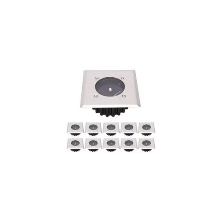 10 db LED napelemes spotlámpa készlet, rozsdamentes acél, üveg, hideg fehér, 8.5x8.5x3.5cm
