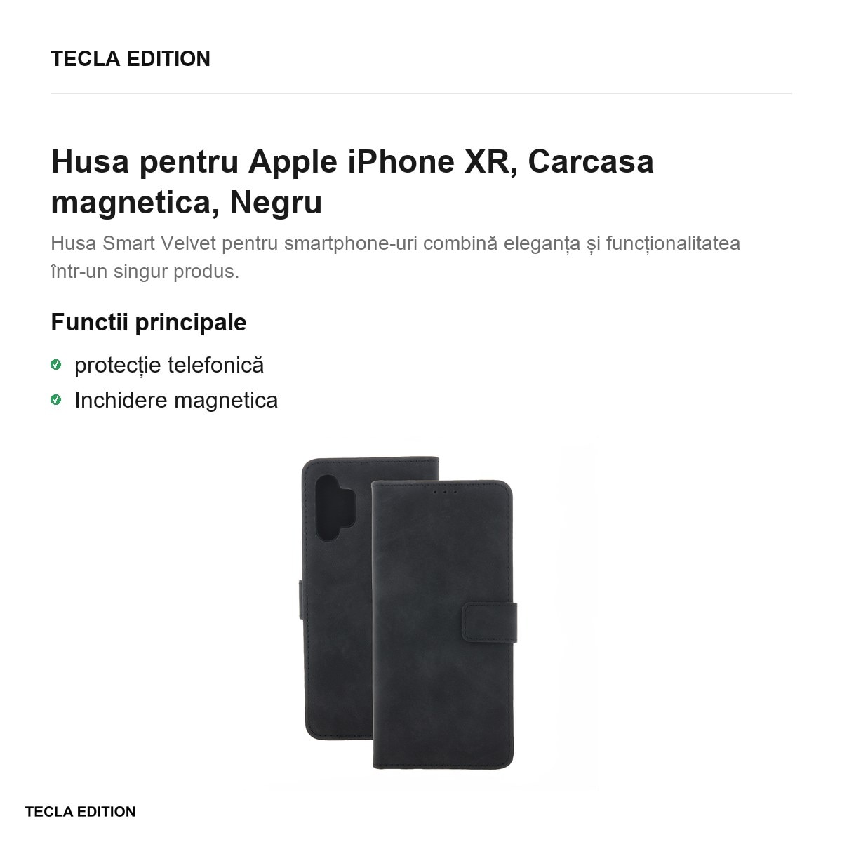Husa Smart Velvet pentru Apple iPhone XR, tip carte cu inchidere magnetica, Negru