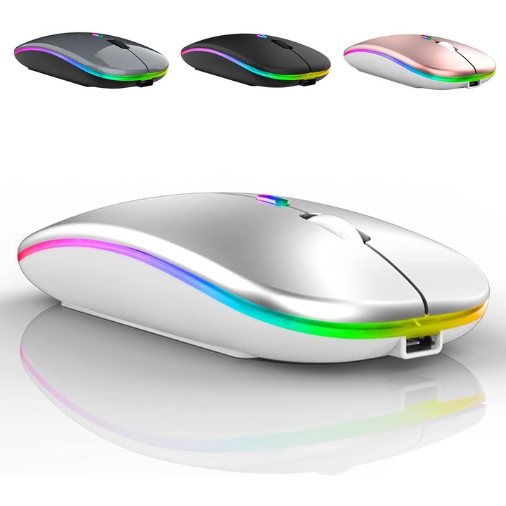 Vezeték nélküli újratölthető egér, ergonomikus, LED világítás, fekete, kompakt