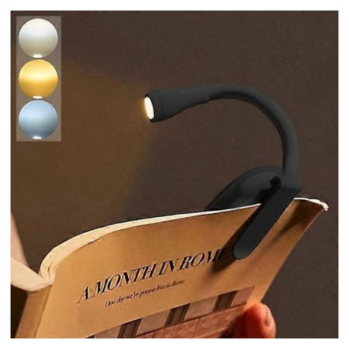 Lampa de lectura cu clema, reglabila, portabila, negru, 4.6x1.73x8cm