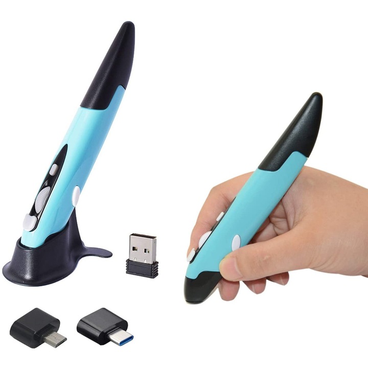 Vezeték nélküli ergonomikus egér toll, állítható DPI, kék, adapterekkel, hordozható