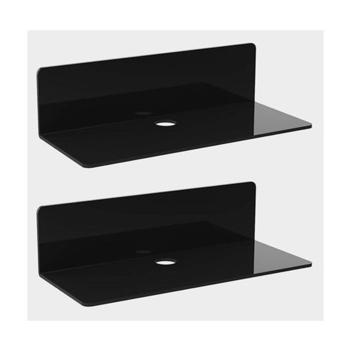 2 db fekete akril fali polc 23x9.5cm öntapadós, csipeszekkel