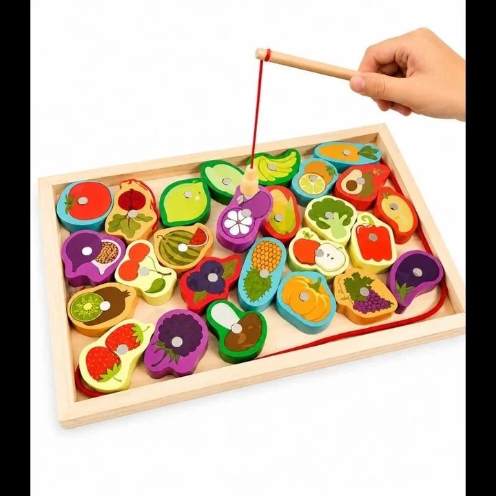 Joc educativ de pescuit magnetic cu fructe si legume din lemn, multicolor, pentru copii, SALLMA®