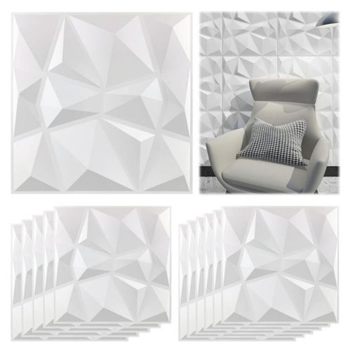 12 db 3D dekoratív gyémánt panel készlet, matt fehér, 30x30cm
