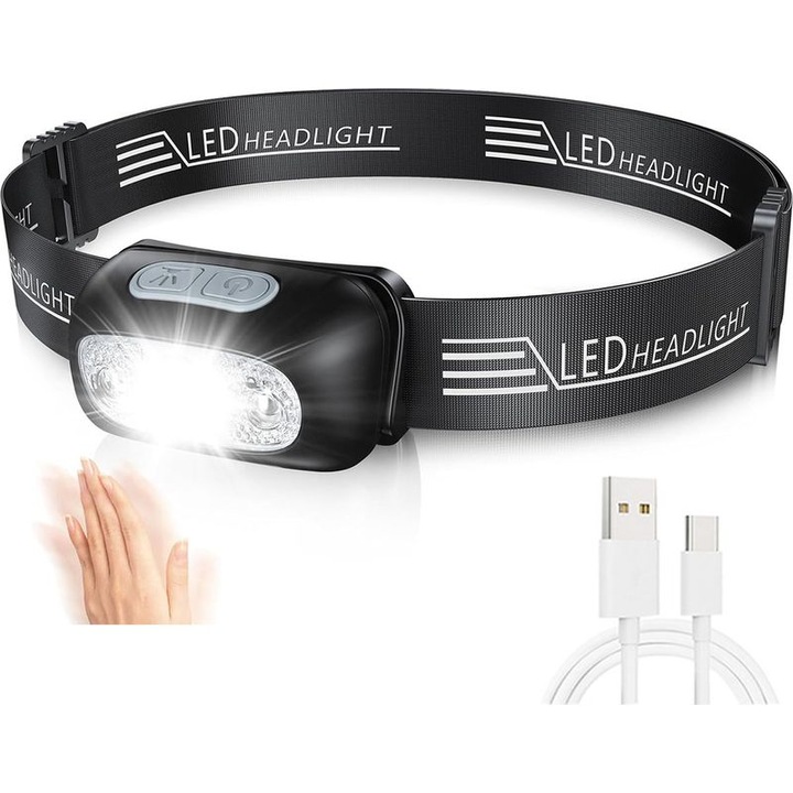 LED fejlámpa, mozgásérzékelő, 4 mód, USB, vízálló, állítható, 60g