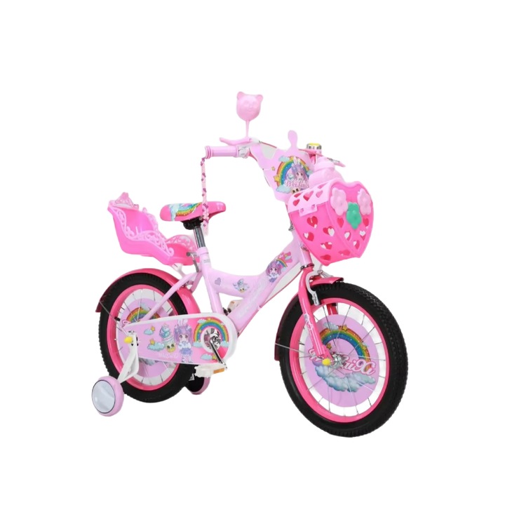 Bicicleta pentru Fete cu Pedale 4-6 Ani, 14 Inch, Roti Ajutatoare, Cosulet, Suport pentru Papusa si Sonerie, Cadru din Otel, Sa Reglabila, Frane Fata/Spate, Roz – JHT