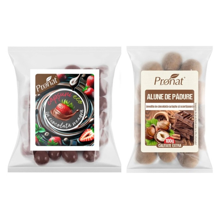 Pachet Delicii Bio Pronat: Capsuni in ciocolata neagra + Alune de padure in ciocolata cu lapte si scortisoara