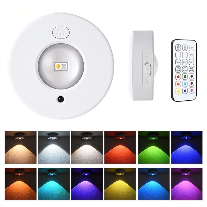 Lumina LED reincarcabila pentru dulap, RGB, telecomanda, dimabila, multicolor, 10x10cm