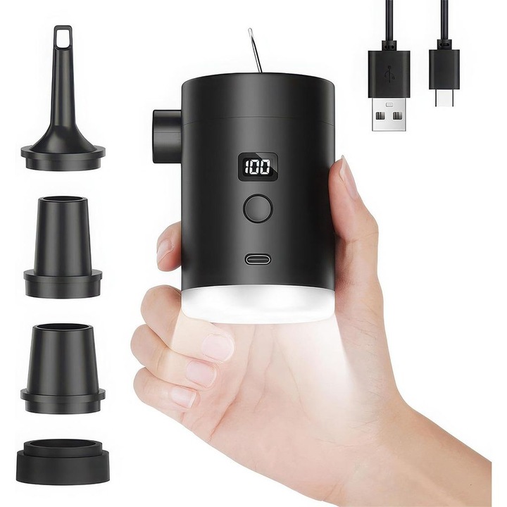 Hordozható elektromos pumpa LED világítással, 3600mAh, 10x7x6cm, könnyű, 4 fúvókás készlet