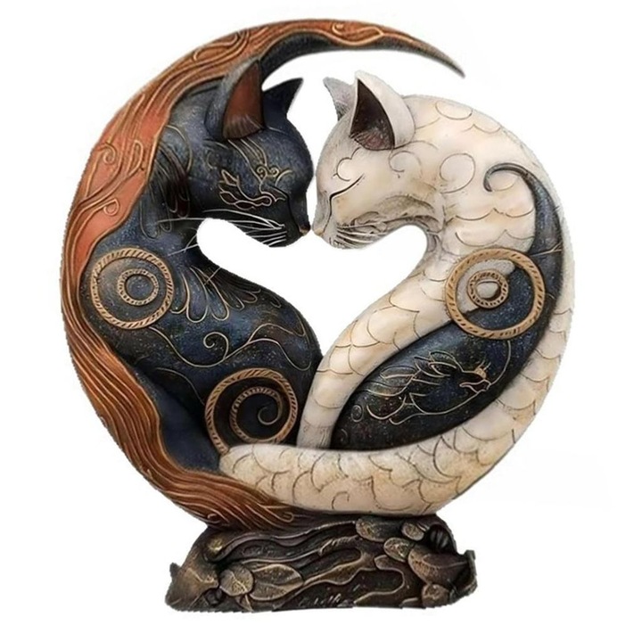 Yin-Yang macska szobor, gyanta, fekete-fehér, 18.5cm