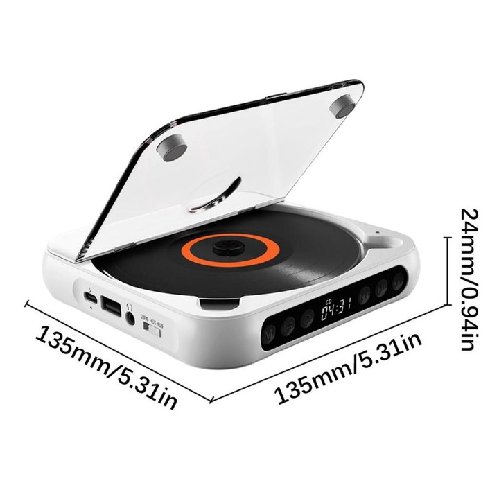 Hordozható CD lejátszó, fehér, Bluetooth 5.1, 135x135x25mm, 271g