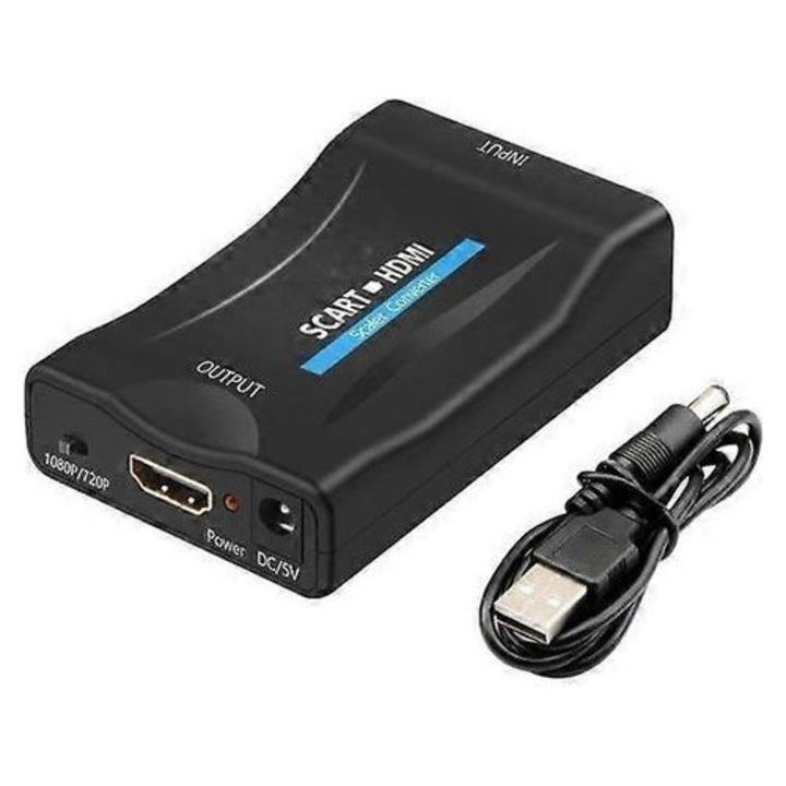 SCART HDMI 1080p átalakító, fekete, 9x6x2,5cm, beépített tápkábellel